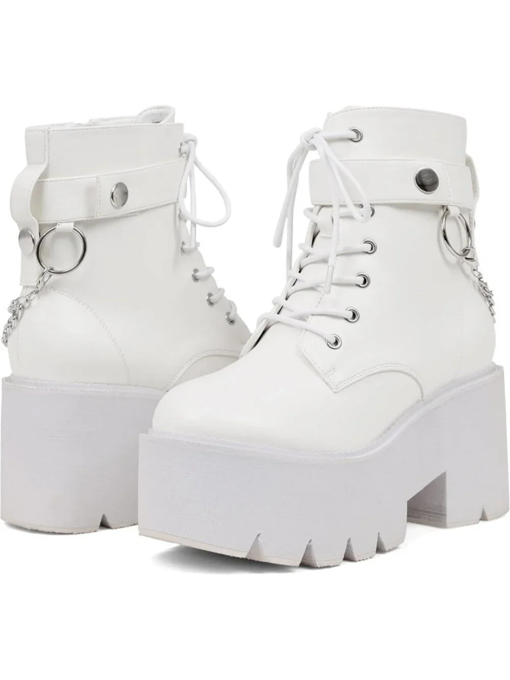 Women's White Rubber Platform Chunky Wedge Lace Up Chain Zipper Ankle Booties